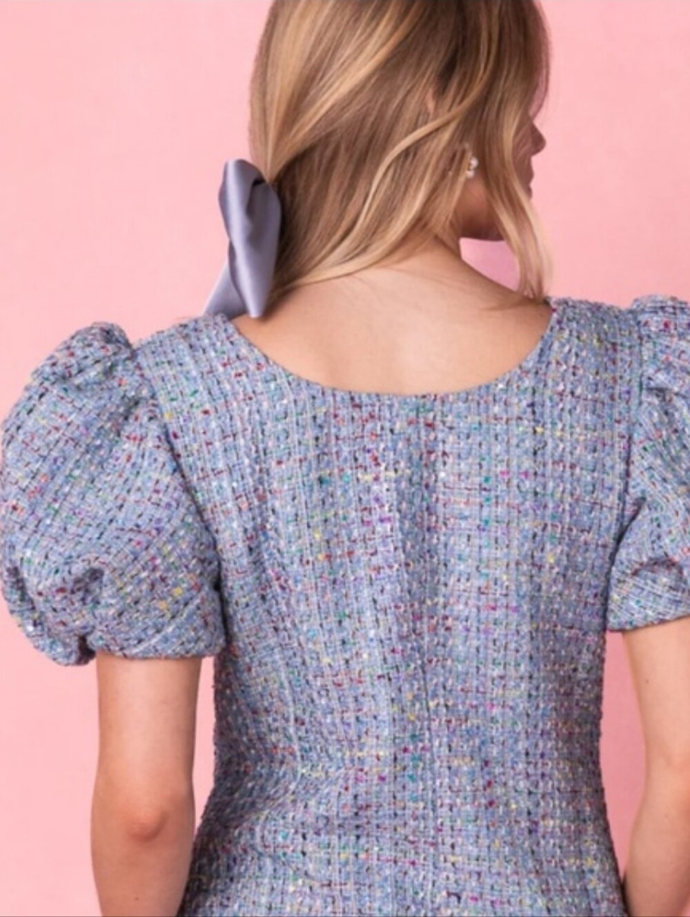 Ivy City Co. Tweed Multicolor Puff Sleeve Blouse Textured Short Sleeve Top XS - Picture 5 of 15